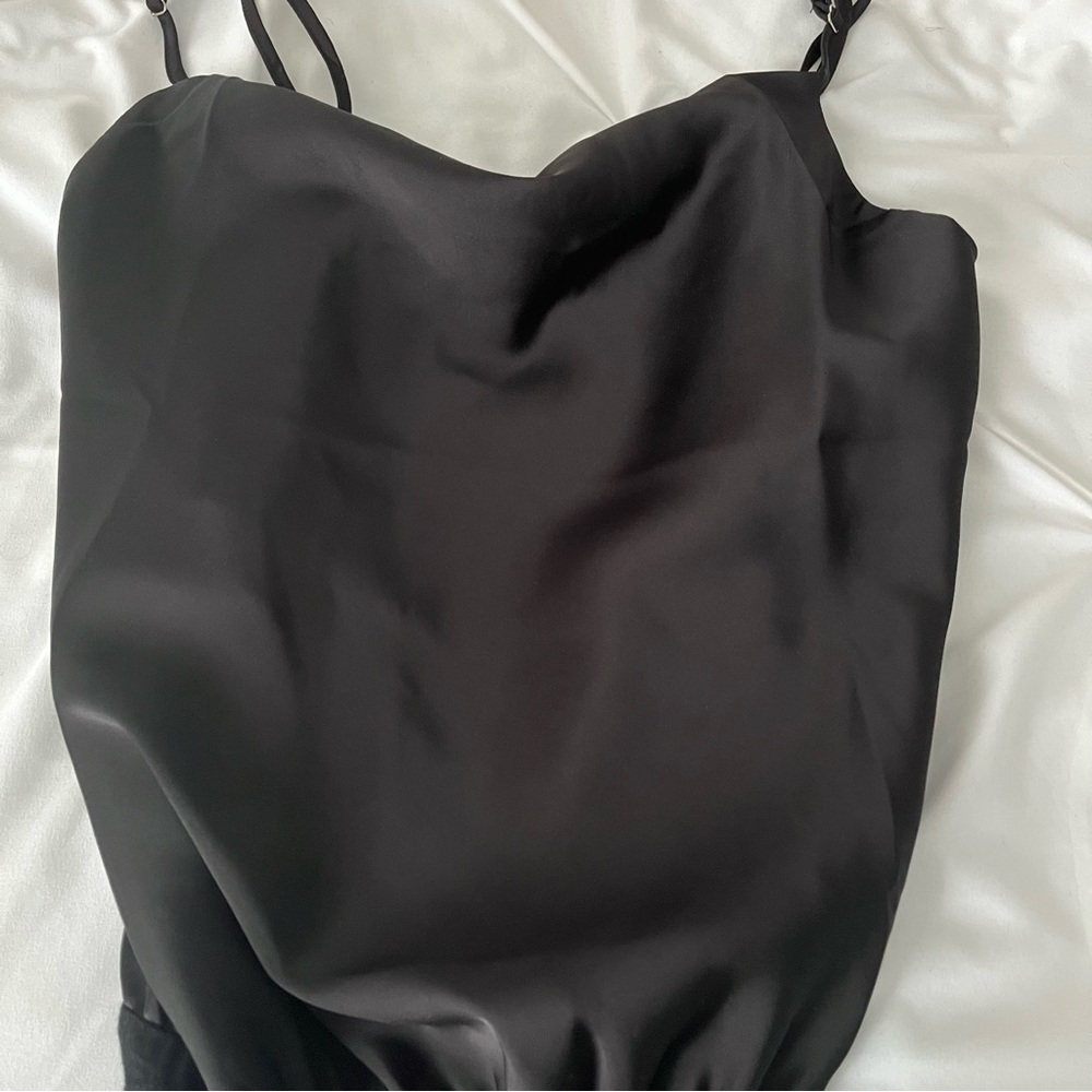 Saslax Satin Drape Cowl Neck Sleeveless Spaghetti Strap Cami Bodysuit Black XS - Picture 3 of 5